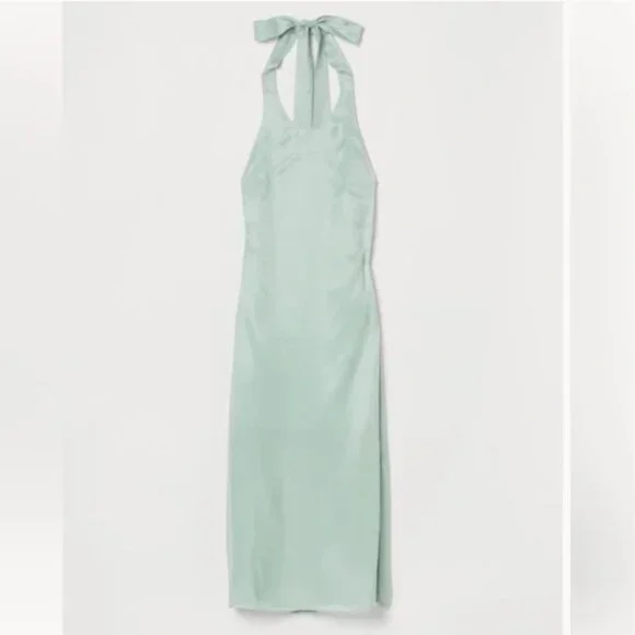 h&m green halter dress Beaujolais Long Sleeve Cowl Neckline Ruffle Mini Dress Sage main image 1